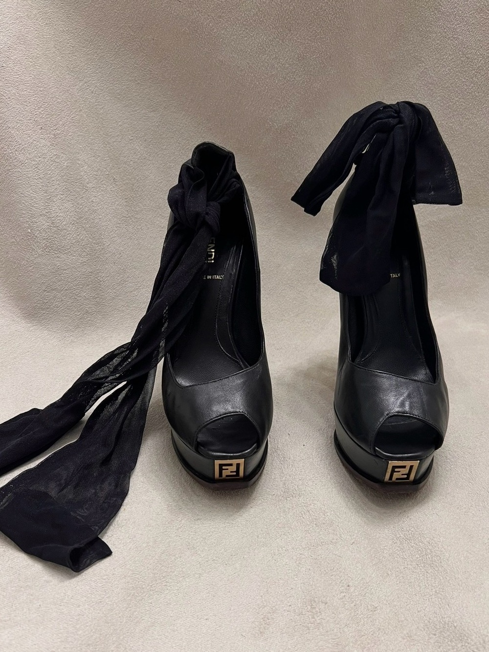Fendi Black Leather Peep-Toe Platform Cinderella with Ankle Ribbon